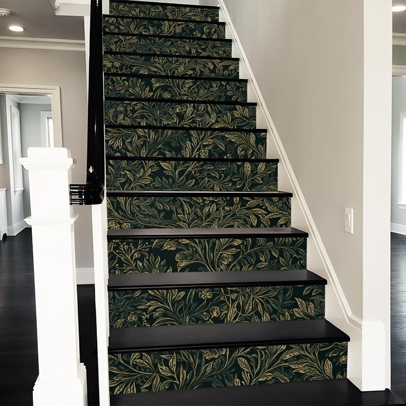 REDAMANCY Vintage Dark Black Green Vine Leaf Plants Peel and Stick Vinyl Stair Riser Decals Staircase Tile Stickers Decor Modern Marble Decoration Self-Adhesive(14 Pcs) - Image 1