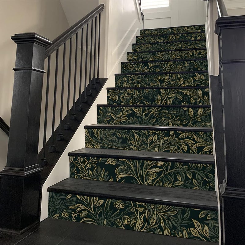 REDAMANCY Vintage Dark Black Green Vine Leaf Plants Peel and Stick Vinyl Stair Riser Decals Staircase Tile Stickers Decor Modern Marble Decoration Self-Adhesive(14 Pcs) - Image 2