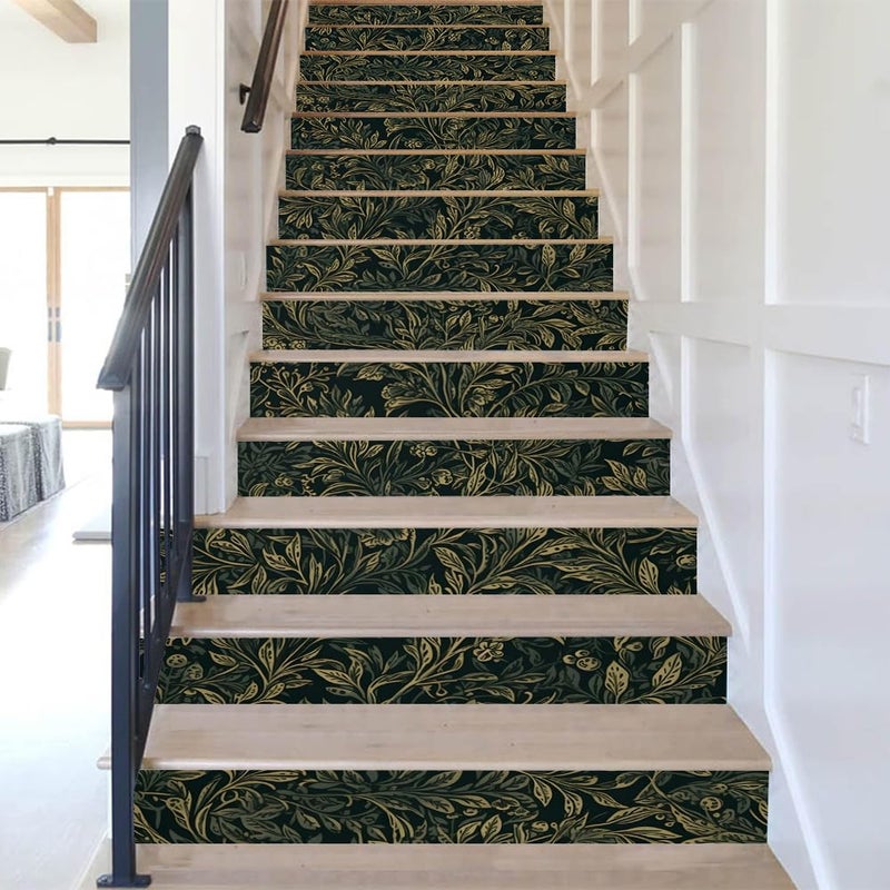 REDAMANCY Vintage Dark Black Green Vine Leaf Plants Peel and Stick Vinyl Stair Riser Decals Staircase Tile Stickers Decor Modern Marble Decoration Self-Adhesive(14 Pcs) - Image 5