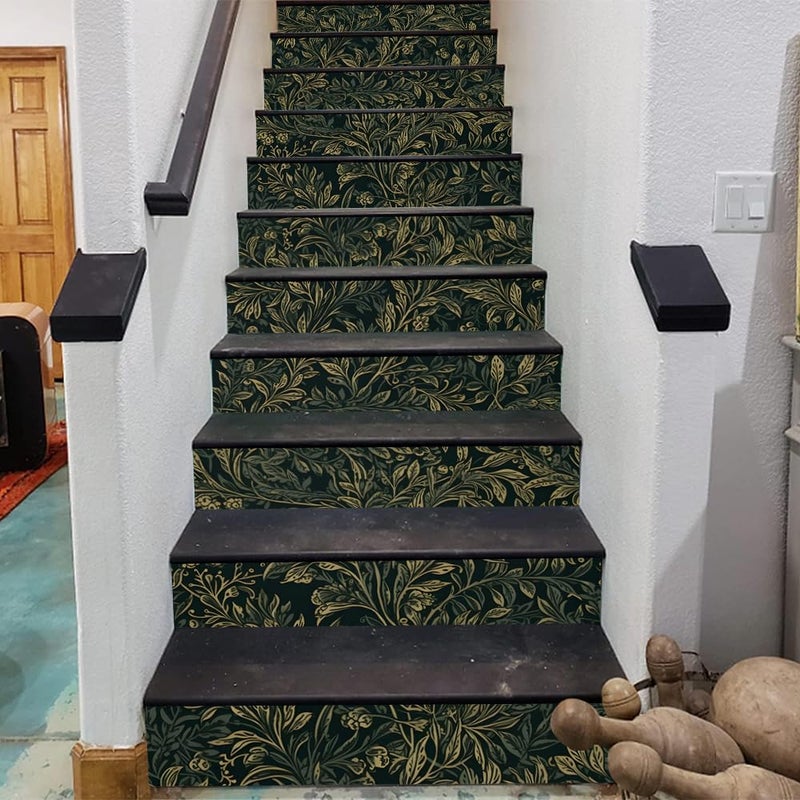 REDAMANCY Vintage Dark Black Green Vine Leaf Plants Peel and Stick Vinyl Stair Riser Decals Staircase Tile Stickers Decor Modern Marble Decoration Self-Adhesive(14 Pcs) - Image 3