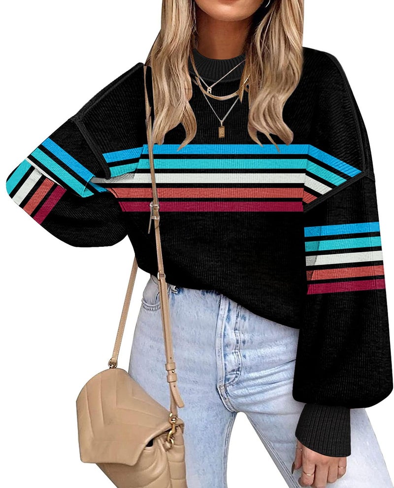 ETCYY Womens Sweaters Fall 2026 Batwing Long Sleeve Side Slit Knit Tops Crew Neck Striped Oversized Sweater Pullover,Colorful Black,X-Large - Image 1