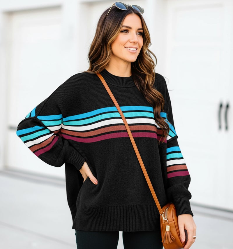ETCYY Womens Sweaters Fall 2026 Batwing Long Sleeve Side Slit Knit Tops Crew Neck Striped Oversized Sweater Pullover,Colorful Black,X-Large - Image 3
