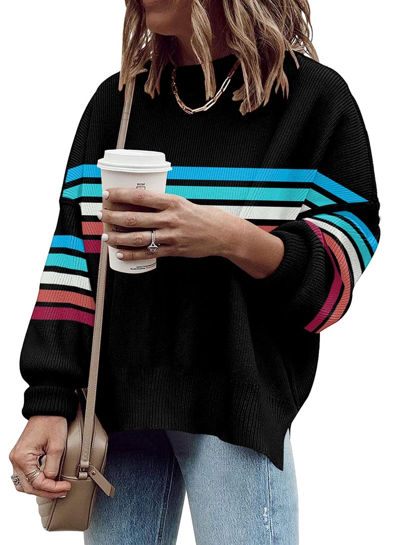 ETCYY Womens Sweaters Fall 2026 Batwing Long Sleeve Side Slit Knit Tops Crew Neck Striped Oversized Sweater Pullover,Colorful Black,X-Large - Image 2