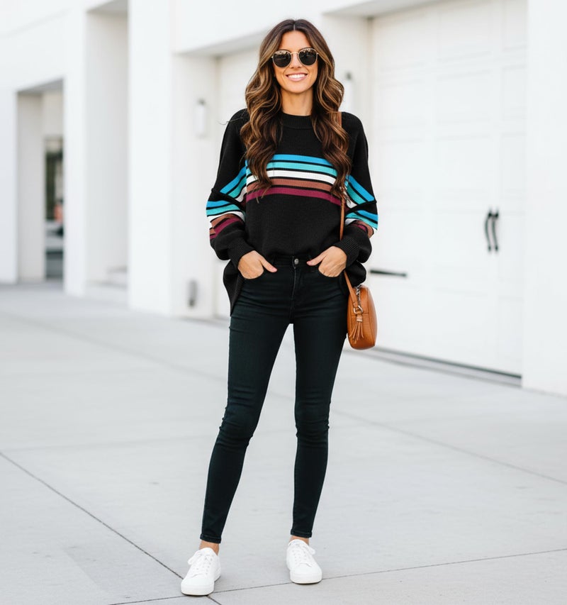 ETCYY Womens Sweaters Fall 2026 Batwing Long Sleeve Side Slit Knit Tops Crew Neck Striped Oversized Sweater Pullover,Colorful Black,X-Large - Image 5