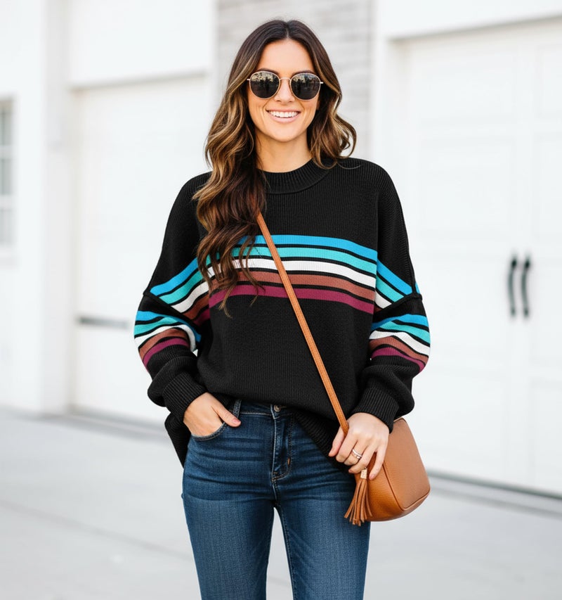 ETCYY Womens Sweaters Fall 2026 Batwing Long Sleeve Side Slit Knit Tops Crew Neck Striped Oversized Sweater Pullover,Colorful Black,X-Large - Image 4