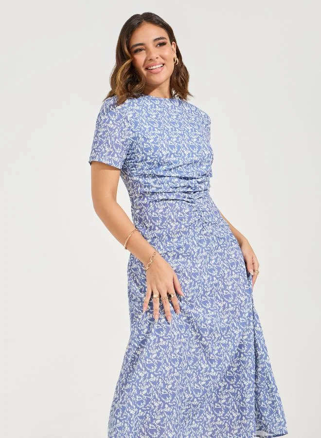 Take Two All Over Print Ruched Round Neck Midi Dress