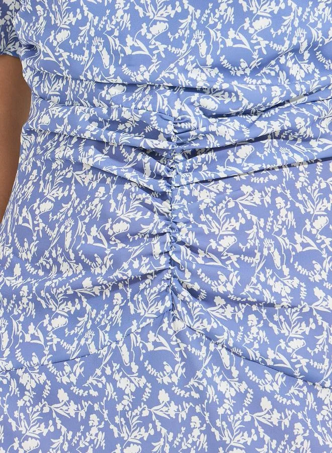 Take Two All Over Print Ruched Round Neck Midi Dress