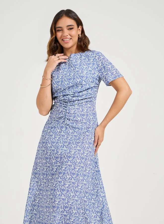 Take Two All Over Print Ruched Round Neck Midi Dress