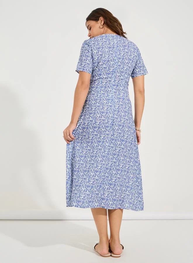 Take Two All Over Print Ruched Round Neck Midi Dress