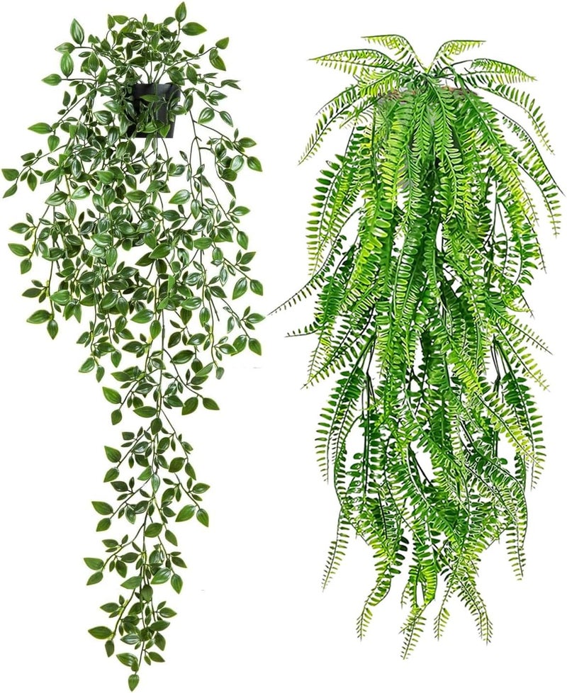 Ekhasa Pothos Hanging Artificial Plants with Pot (Set of 2) | Persian Rattan Artificial Hanging Plants for Home Decor | Falling Creepers Climbers Green Fake Vines with Hanging Pots (Mandala, Fern) - Image 1