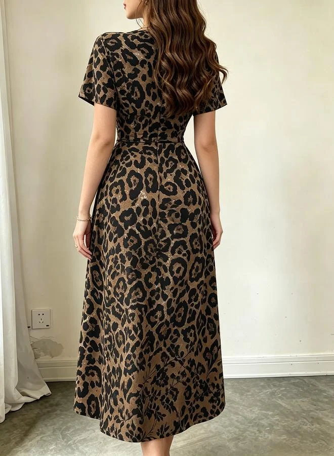 Take Two Brown Leopard Print Round Neck Midi Dress