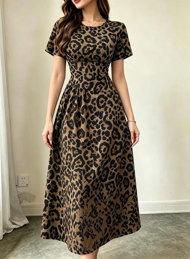 Take Two Brown Leopard Print Round Neck Midi Dress