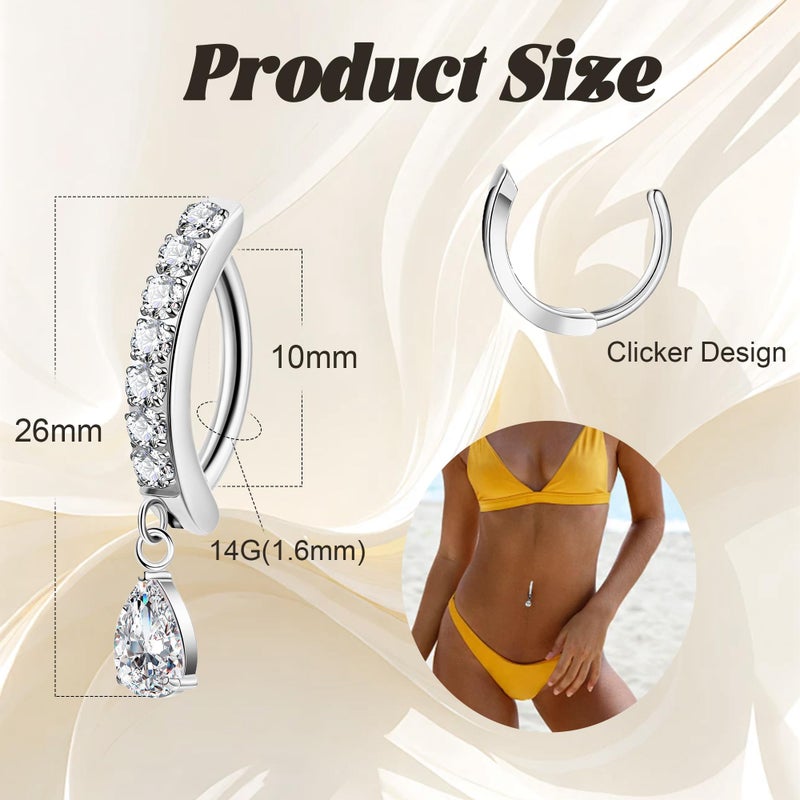 Masedy 14G G23 Titanium Clicker Belly Button Rings for Women Teardrop CZ Dangle Belly Button Ring Curved Reverse Barbell Navel Rings Hypoallergenic Belly Piercing Jewelry Silver - Image 2