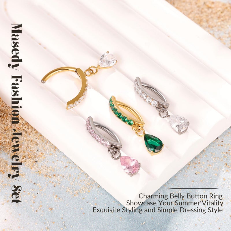 Masedy 14G G23 Titanium Clicker Belly Button Rings for Women Teardrop CZ Dangle Belly Button Ring Curved Reverse Barbell Navel Rings Hypoallergenic Belly Piercing Jewelry Silver - Image 4