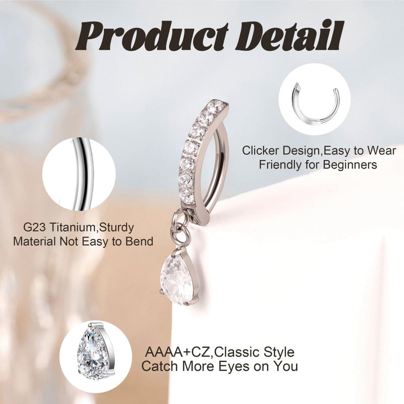 Masedy 14G G23 Titanium Clicker Belly Button Rings for Women Teardrop CZ Dangle Belly Button Ring Curved Reverse Barbell Navel Rings Hypoallergenic Belly Piercing Jewelry Silver - Image 3
