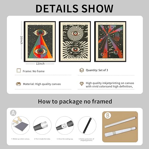 ANVOTIG 3pcs Retro Hippie Wall Art, 70's Psychedelic Eyes Art Posters, Inspirational Quote Canvas Painting Pictures Prints Wall Decor for Bedroom Living Room Apartment Teen Dorm Home 12x16in Unframed - Image 3