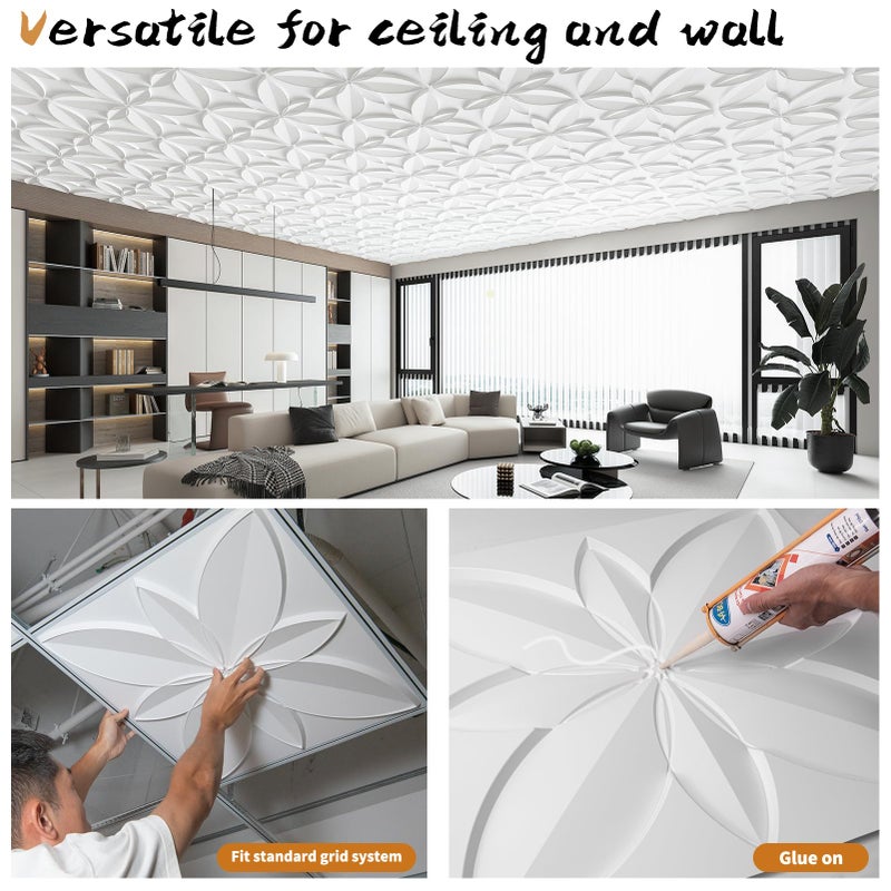 WOWSTAR 12-Pack 24"x24" Drop Ceiling Tiles, Waterproof Glue Up Ceiling Decor, White - Image 2