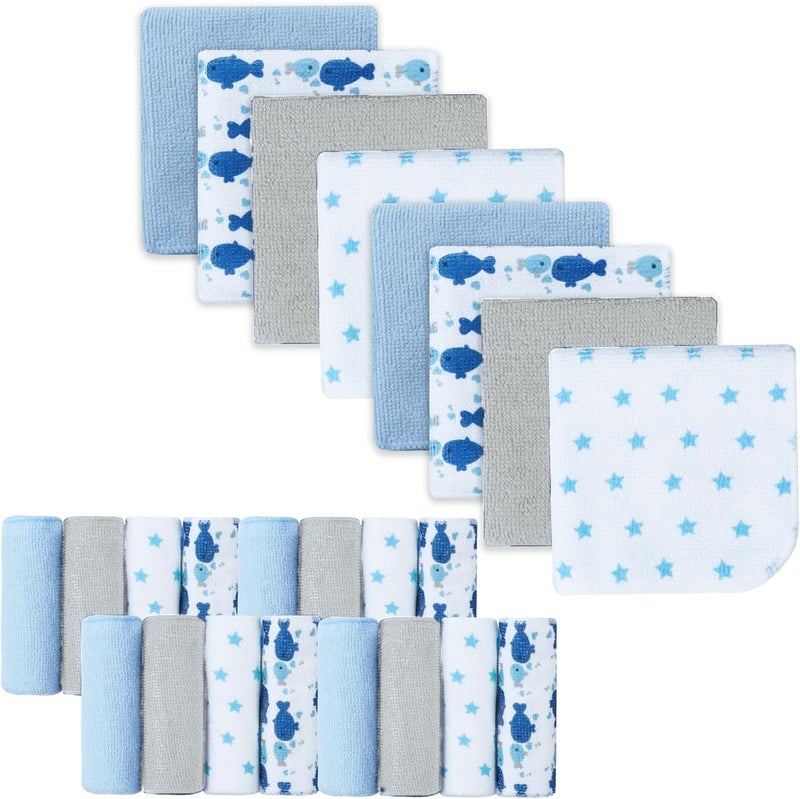 softan Baby Washcloths, 24Pack Baby Wash Cloths Extra Soft & Ultra Absorbent, Baby Towels and Washcloths Face Towel Unisex for Boys Girls Body, Washclothes Gentle on Sensitive Skin, 9x9 Blue Whale - Image 1