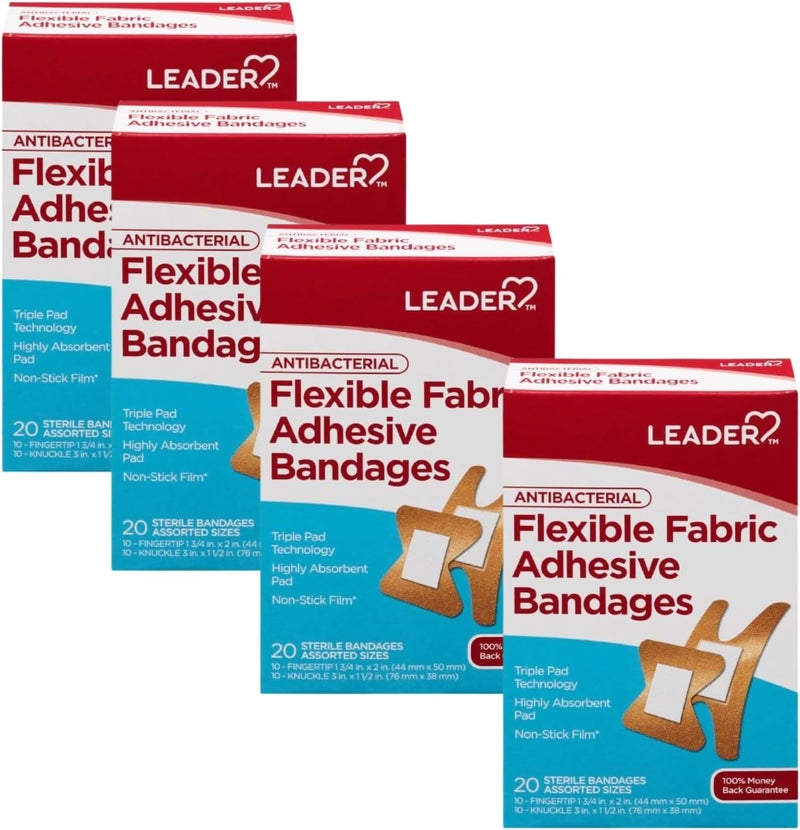 Leader Antibacterial Flexible Fabric Adhesive Bandages First Aid Antiseptic Triple Pad Technology First Aid and Wound Care Compare to BandAid Assorted Sizes 20 ct 4Pack - Image 1