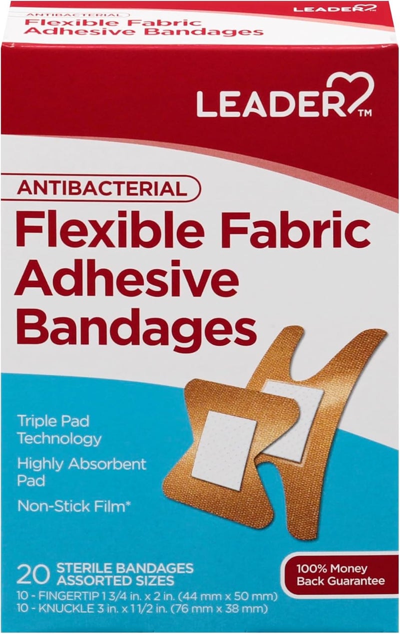 Leader Antibacterial Flexible Fabric Adhesive Bandages First Aid Antiseptic Triple Pad Technology First Aid and Wound Care Compare to BandAid Assorted Sizes 20 ct 4Pack - Image 2