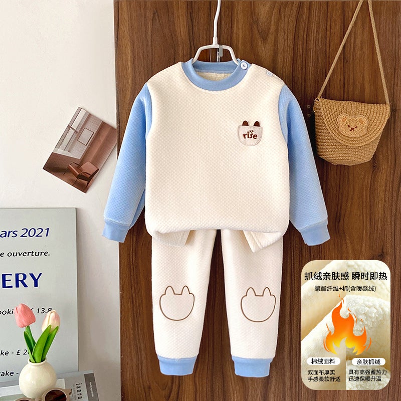 Kids Autumn Winter Velvet Warm Pajama Set Blue starry sky warm 