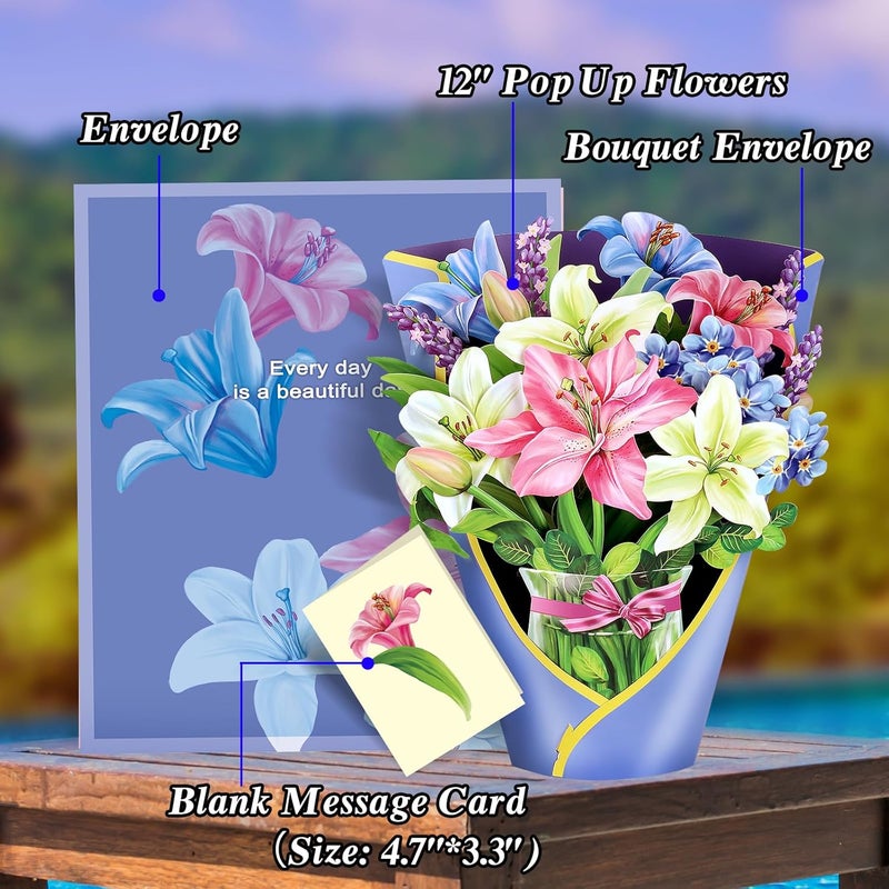 Airpark Pop Up Bouquet Card, Lillies & Lupines, 12 inch Paper Flowers 3D Popup Cards with Note Card and Envelope for Birthday, Fathers Day, Get Well for Women Mom Dad Kids, Graduation Cards - Image 3