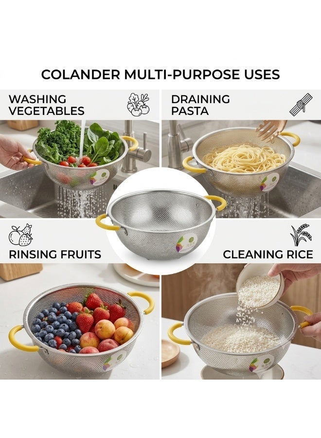 Stainless Steel Colander with Handle, Kitchen Strainer Basket with Resting Feet, Heavy Duty Metal Basin Colander for Washing Fruits and Vegetables, Draining Pasta, Rice, Noodles, Frying & Steaming Food, Rust Resistant - Image 3
