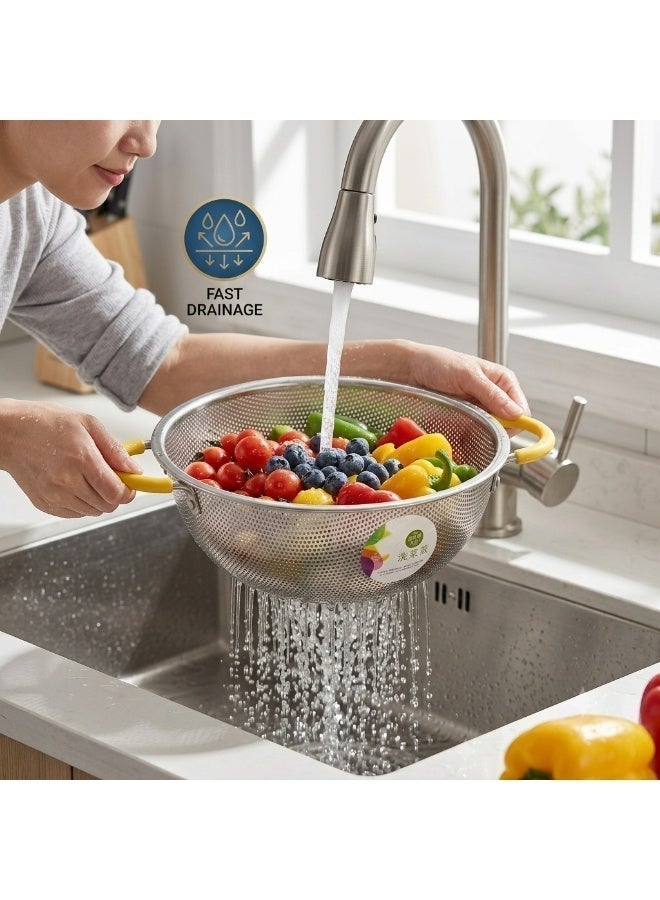 Stainless Steel Colander with Handle, Kitchen Strainer Basket with Resting Feet, Heavy Duty Metal Basin Colander for Washing Fruits and Vegetables, Draining Pasta, Rice, Noodles, Frying & Steaming Food, Rust Resistant - Image 2