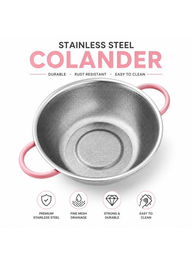Stainless Steel Colander with Handle, Kitchen Strainer Basket with Resting Feet, Heavy Duty Metal Basin Colander for Washing Fruits and Vegetables, Draining Pasta, Rice, Noodles, Frying & Steaming Food, Rust Resistant