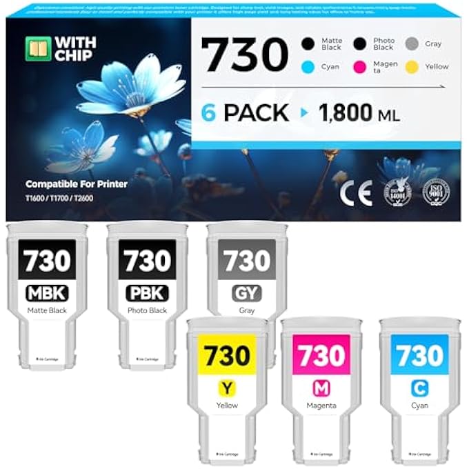 730 INK CARTRIDGES SET 6-PACK 300-ML HIGH-CAPACITY REPLACEMENT FOR HP 730 INK P2V68A P2V69A P2V70A P2V71A P2V72A P2V73A COMPATIBLE WITH HP DESIGNJET T1600 T1700 T2600 PRINTER MATTE BLACK COLOR INKJET