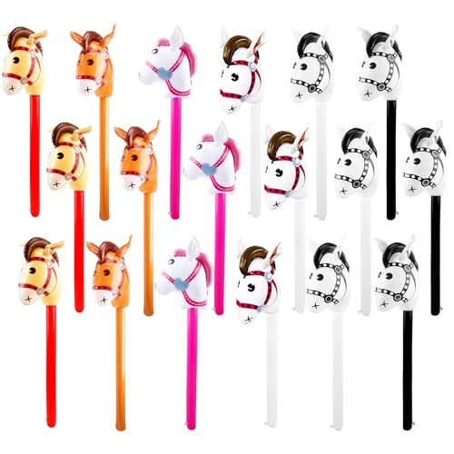 Sonarun 18 Pack Inflatable Stick Horse Bulk Cute Blow Up Pony Stick Balloon Colorful Inflatable Horsehead Stick for Kids Birthday Cowboy Horse Theme Party Supply, 6 Colors - Image 1