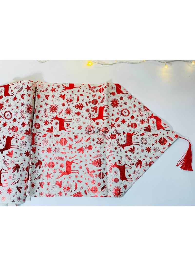Christmas Runner Christmas Accessories Runner decorated with reindeer, Santa Claus and Christmas designs Linen fabric Runner length: 180 cm - Image 1