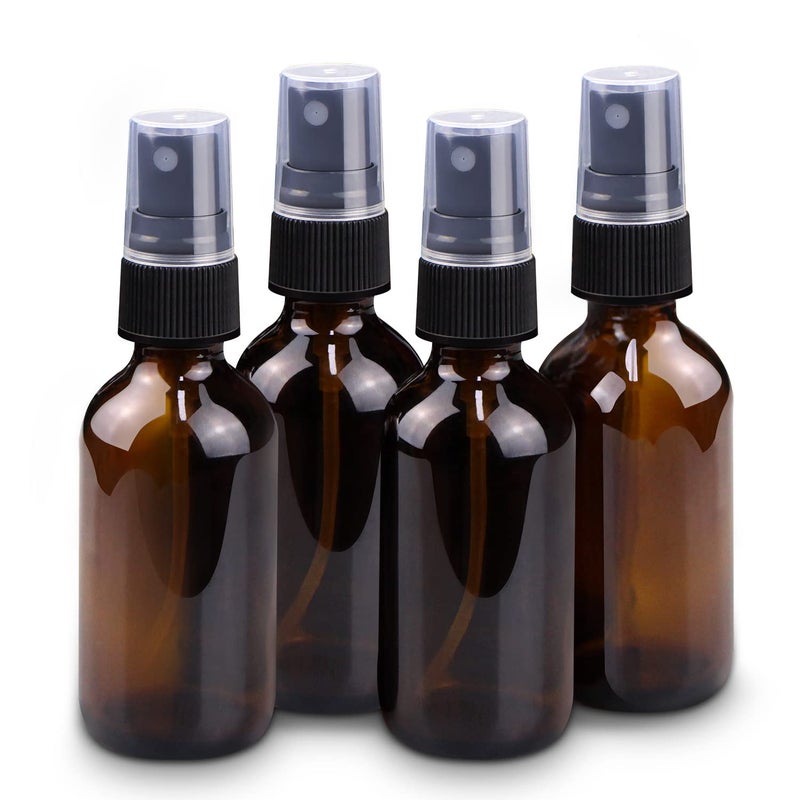 Wedama 2 oz Mini Glass Spray Bottles Empty Small Spray Bottles with Funnel Dropper Fine Mist for Hair Travel Plants Cleaning Solutions and Skin Care 4 Pack Amber