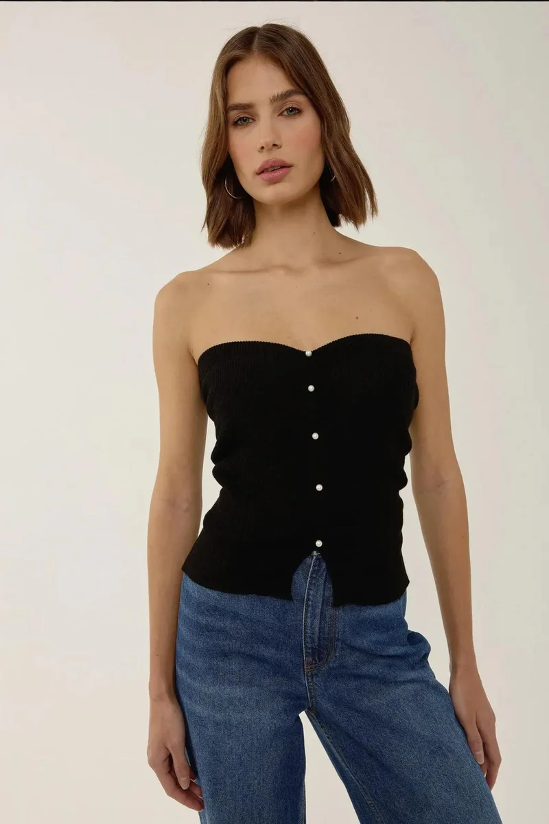 Hiccup Black Slim Fit Strapless Knitted Top for Women | Best Price UAE