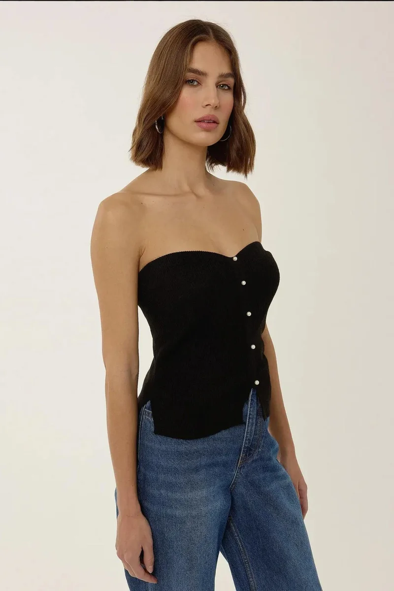 Hiccup Black Slim Fit Strapless Knitted Top for Women | Best Price UAE