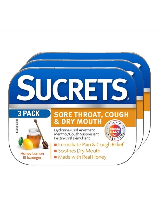Sucrets Sore Throat & Cough Lozenges, Honey Lemon, 18 Count (3 Pack) - Image 1
