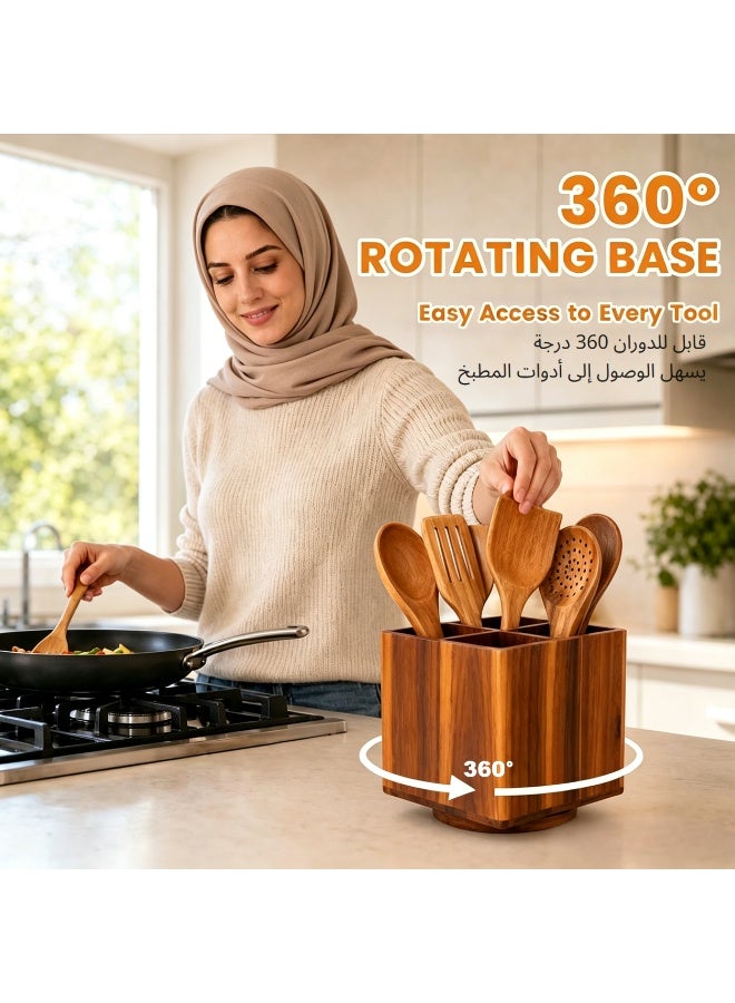اكسيسن حامل أدوات من خشب الأكاسيا، 4 حجرات مع قاعدة تدور 360 درجة، حامل أدوات مائدة ريفي لسطح المطبخ - Image 2