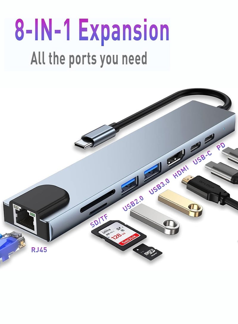 Hub Adapter 8in1 4K PD 100W Fast Charging 2usb C 3.2 10gbps + 2usb A 3.0 Rj45 Ethernet Micro Sd Tf Sd Compatible For Macbook Pro Air M3 M2 M1 Ipad Pro M4 Iphone 16 15 Pro Pro Max Lenovo Dell Hp Space  - Image 1
