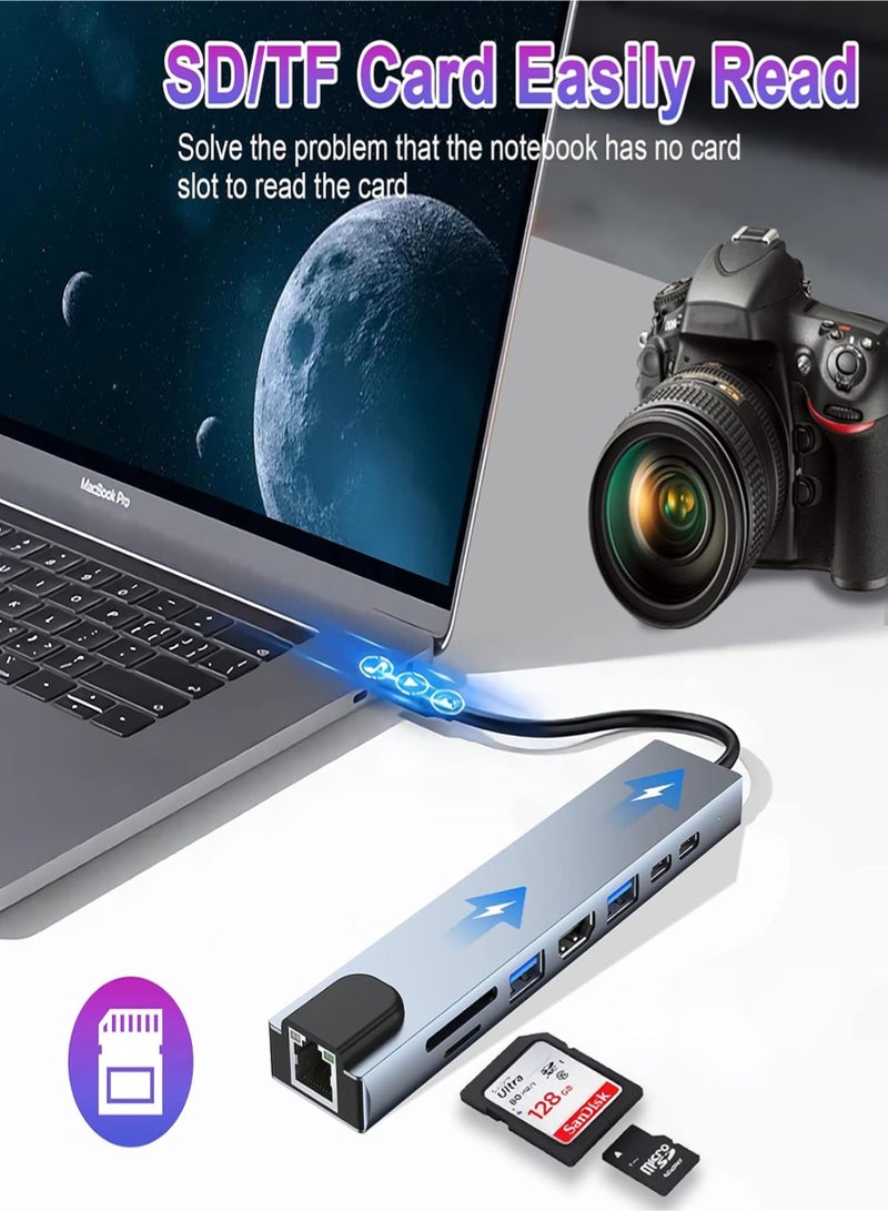 Hub Adapter 8in1 4K PD 100W Fast Charging 2usb C 3.2 10gbps + 2usb A 3.0 Rj45 Ethernet Micro Sd Tf Sd Compatible For Macbook Pro Air M3 M2 M1 Ipad Pro M4 Iphone 16 15 Pro Pro Max Lenovo Dell Hp Space  - Image 4