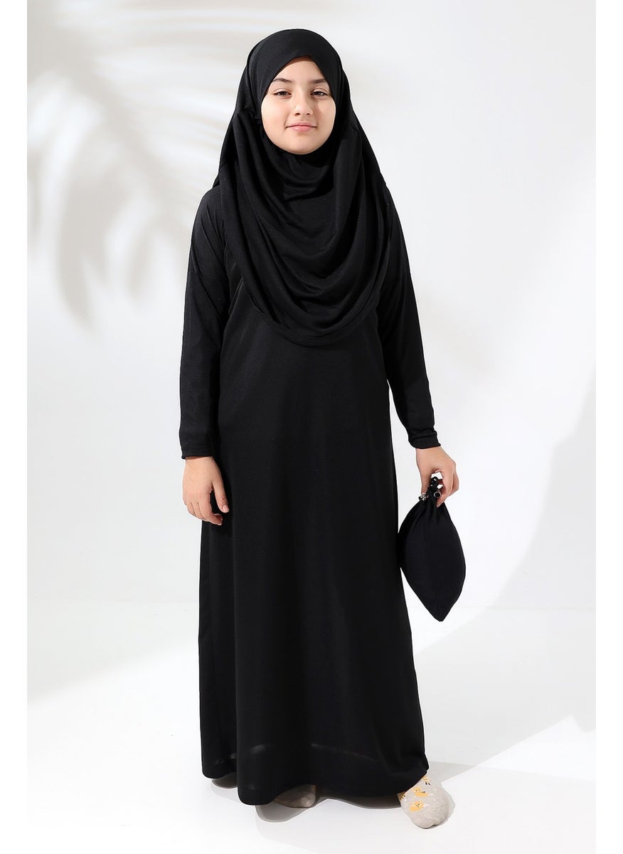 İhvan Online - One Piece Practical Children's Prayer Dress with Headscarf Black - Image 1
