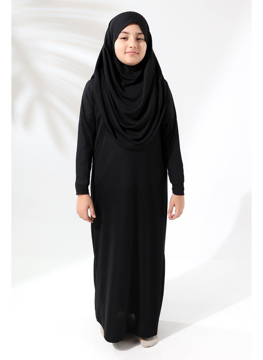 İhvan Online - One Piece Practical Children's Prayer Dress with Headscarf Black - Image 1
