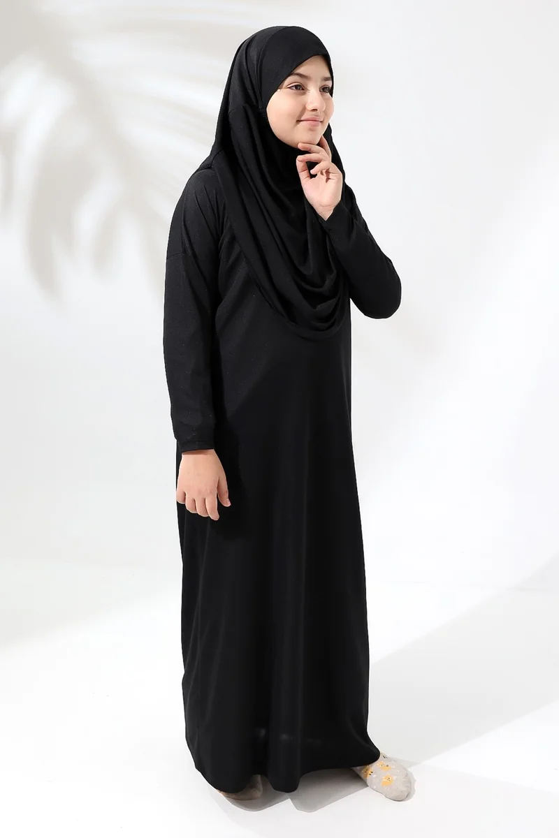 İhvan Online One Piece Practical Children's Prayer Dress with Headscarf Black