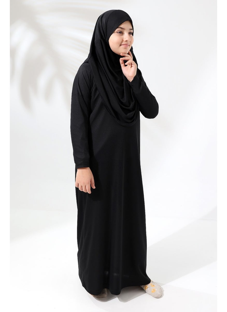 İhvan Online - One Piece Practical Children's Prayer Dress with Headscarf Black - Image 1