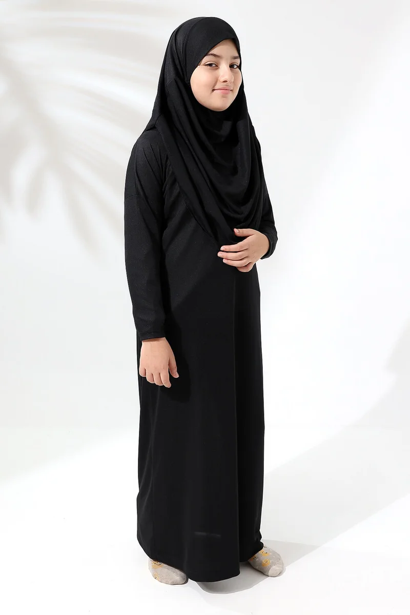 İhvan Online One Piece Practical Children's Prayer Dress with Headscarf Black
