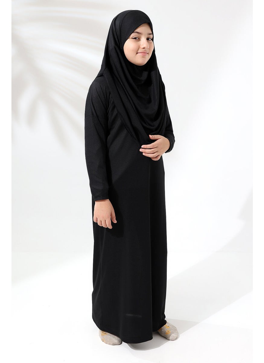 İhvan Online - One Piece Practical Children's Prayer Dress with Headscarf Black - Image 1