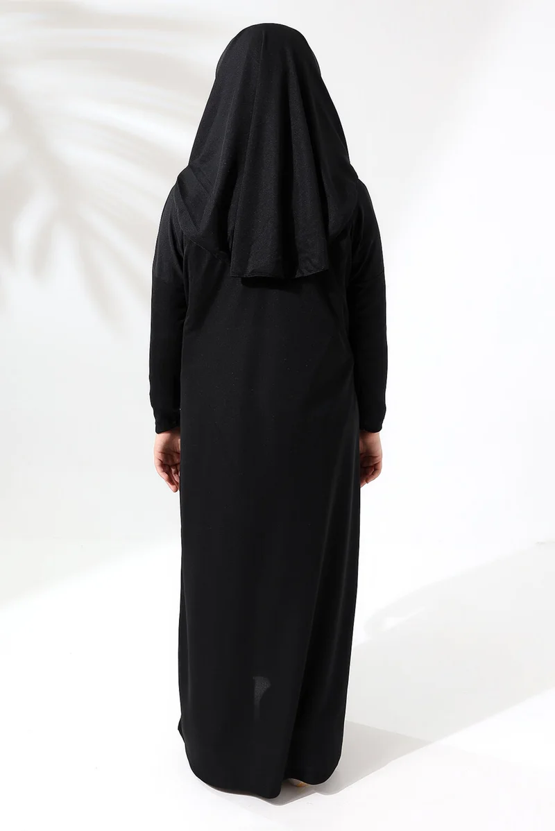 İhvan Online One Piece Practical Children's Prayer Dress with Headscarf Black
