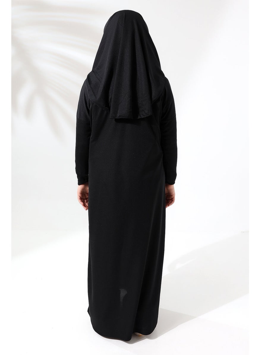 İhvan Online - One Piece Practical Children's Prayer Dress with Headscarf Black - Image 1