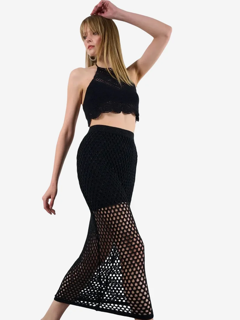 Qustyle QU STYLE High Waist Textured Midi Knit Skirt with Cut Out