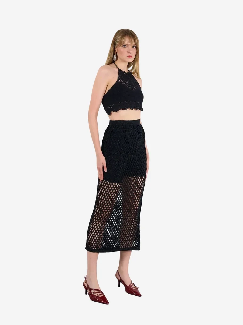 Qustyle QU STYLE High Waist Textured Midi Knit Skirt with Cut Out