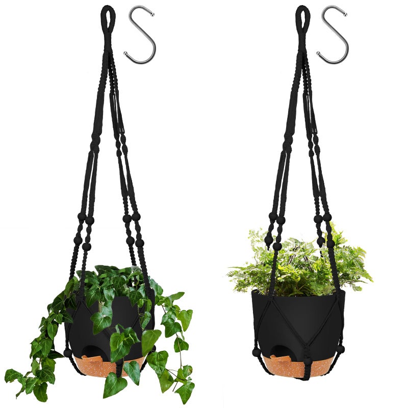 GARDIFE 8 Inch Hanging Planters with Macrame Plant Hanger for Indoor and Outdoor Plants 2 Pack Large Self Watering Hanging Plant Pot with Basket Flower Pot with Drainage Hole Black - Image 2